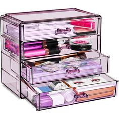 Lipstick, eyeliner, foundation, concealer there's so much makeup to tuck away and keep organized, it can easily overwhelm your vanity or dresser surface. Don't let cosmetic clutter get the better of you: adding a piece like this is a great option for getting some much-needed organization. Crafted from clear acrylic plastic, this piece features four drawer compartments that include rubber mesh on the bottom, to help stop your cosmetics from slipping and sliding. Clear Acrylic Makeup Organizer, Acrylic Bathroom, Makeup Storage Case, Clear Makeup Organizer, Makeup Case Organization, Clear Makeup, Makeup Storage Organization, Purple Makeup, Drawer Space