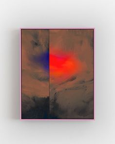 an abstract painting in pink and orange on a white wall with a red square at the bottom