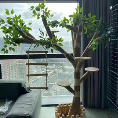 a living room filled with furniture and a tree in the middle of it's center