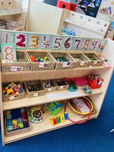 a display case filled with lots of toys and books on top of a blue carpeted floor