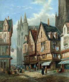 a painting of people walking down a street in front of tall buildings with spires