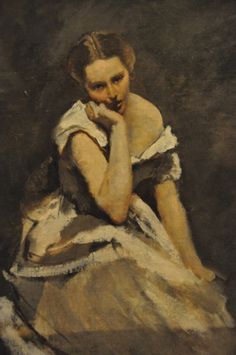 a painting of a woman in a white dress sitting on the ground with her hand to her face