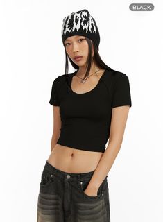 slim-fit-u-neck-crop-tee-ig405 / Black Basic Seamless Snug Fit T-shirt, Trendy Stretch T-shirt For Everyday, Trendy Stretch T-shirt For Streetwear, 90s Style Stretch Crew Neck T-shirt, Fitted Black Elastane T-shirt, Black High Stretch Crew Neck T-shirt, Basic Snug Fit Seamless T-shirt, Casual Black Seamless T-shirt, Black Casual Short Sleeve Crop Top