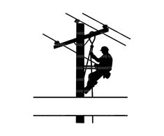 a man climbing up the side of a high voltage power pole silhouetted against a white background