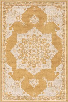 a yellow and white rug with an intricate design