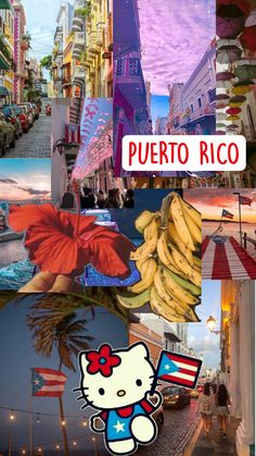 a collage of photos with the words puerto rico in red, white and blue