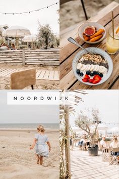 there are pictures of food and drinks on the beach