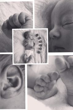 black and white photos of baby's feet, ear, and nose