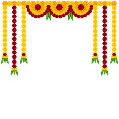 a white background with yellow and red flowers on the top, along with green leaves