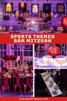 sports themed bar mitzuh with red chairs and flowers