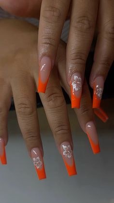 Simple Summer Nail art Long Full Set Acrylic Nails Summer Inspo Orange Frenchtips Long Acrylic Summer Nails, French Tip Nails For Vacation, Cute Orange Nails Acrylic, Vacation Nail Inspo French Tip, Acrylic Simple Nails, Holiday Nails Summer Acrylic Long, Orange Nails Ideas Summer, Nail Ideas Acrylic Summer, French Tip Orange Nails