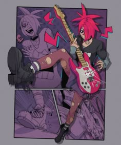 an anime character with pink hair playing the guitar