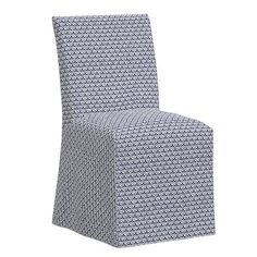 a blue and white patterned chair cover