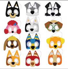 paper masks with different types of dogs and cats on them, all in different colors