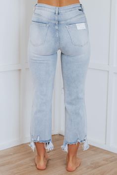 Details: Rudy Straight Crop Jeans Intentional Distressing Fading/Whiskering Button/Fly Closure Raw Edge Frayed Hems Great Stretch High Rise Straight Jean Fit Cropped Length Available in Light Wash Rise: 10.5" Inseam: 26.5" Material: 65% Cotton, 32% Polyester, 1.5% Viscose, and 1.5% Spandex. We are recommending true to size! Jean Fit, Comfy Sandals, Straight Crop Jeans, Stylish Sandals, Stylish Boots, Curvy Jeans, Crop Jeans, Shoes With Jeans, Good Stretches