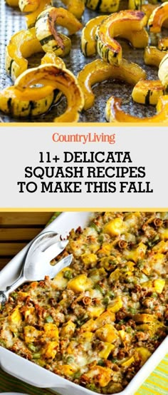 a casserole dish is shown with text overlay that reads, country living 11 delicata squash recipes to make this fall