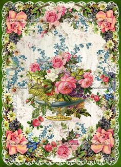 a green frame with pink roses and blue flowers on it, in front of a white background