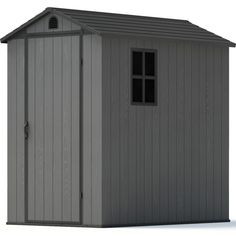 a gray shed with the door open and windows on it's side, in front of a white background