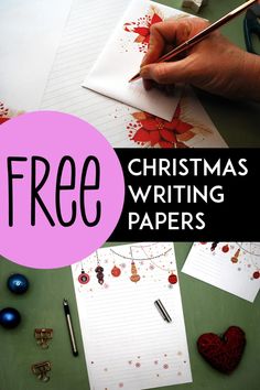 a person writing on paper with the words free christmas writing papers in front of them