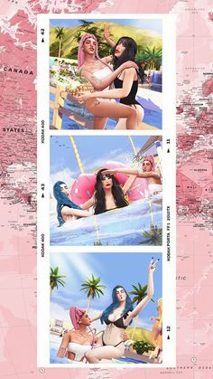 three different pictures of women in bathing suits and bikinis, with the map behind them