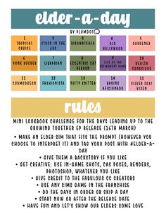 a poster with the rules for elder - a - day written in different colors and font