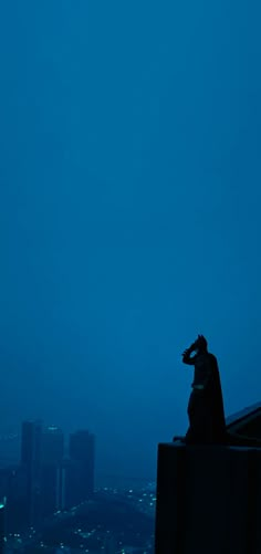 a man standing on top of a building next to a tall clock tower at night