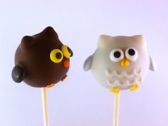 two cake pops decorated with chocolate and an owl