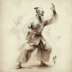 a drawing of an old man in traditional chinese clothing with his hands up to the side