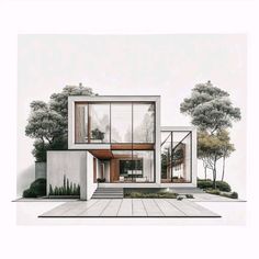 a drawing of a modern house with trees in the back ground and bushes on either side