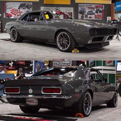 two pictures of the same car on display at an auto show, one is gray and the other is black