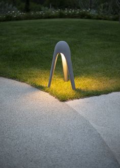 an illuminated sculpture in the middle of a grassy area with grass and flowers around it