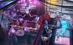 some people are standing around in a room with neon lights and various items on the floor