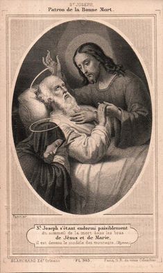 an old black and white drawing of jesus holding the head of a man in bed