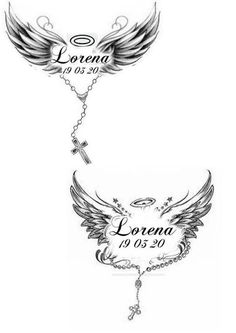 the back side of a tattoo with two angel wings and a cross on top of it