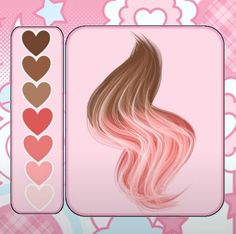 the hair is pink and brown with hearts on it's side, as well as two