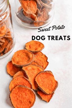 sweet potato dog treats in small glass jars on a table with text overlay that reads sweet potato dog treats