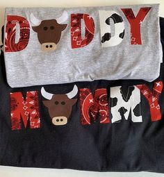 two pieces of fabric with the words made to look like farm animals and cows on them