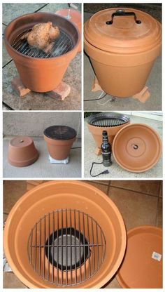 there are pictures of different pots and grills on the ground, including one with a potted plant in it