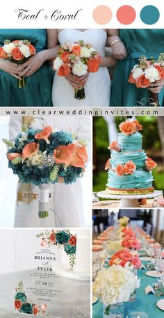 a collage of photos showing different wedding colors and flowers, including oranges, teal green, and white