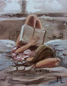 a painting of a woman laying on the ground reading a book