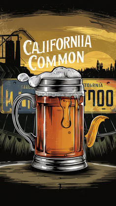 a beer mug sitting on top of a table next to a sign that says california common