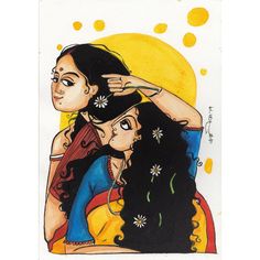 a drawing of two women with long hair, one holding the other's head