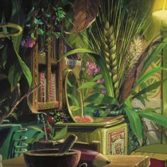 a painting of plants and books on a table in front of a window with a lamp