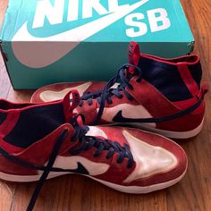 Red White And Blue Nike Sb High, Nike Red, Shoes Nike, Nike Sb, Red White And Blue, Men's Nike, Nike Men, Nike Shoes, Red White