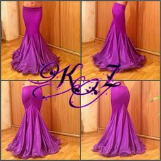 the back of a purple dress with long train and high low neckline, in four different views