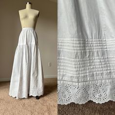 Antique Victorian petticoat with pleated hem.  The heavy weight of this petticoat and the shape tells me that it is likely from the 1890s.  The embroidery at the hem looks like ti was done by hand. This is unusual as most petticoats have embroidery that appears hand embroidered but is really done by a double needle machine.   23" waist  38" hip (where that third button is/ruffle starts) 42." long  front.  43" long back.  I'm 5'6" tall and it just skims the ground on me.  Your petticoat should be shorter than your overskirt if you are wearing it on the underside :) This is one of the LONGEST petticoats ive ever seen.  Upon closer inspection it is because a there was a couple of pleats that were released.   I have left as it because I know you tall girls /guys are always looking for long eno Fern Cosplay, Victorian Walking Skirt, Rockstar Outfits, Ghost Project, Petticoat Pattern, Nostalgic Fashion, Walking Skirt, Modest Girly Outfits, Rock Star Outfit