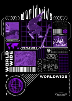 an advertisement for the world wide skateboard competition in purple and black with information on it