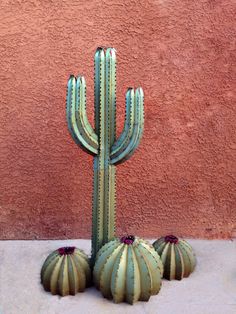 three green cactus plants sitting in front of a pink wall