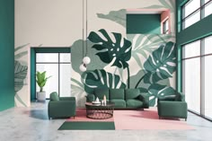 a living room filled with green furniture and plants