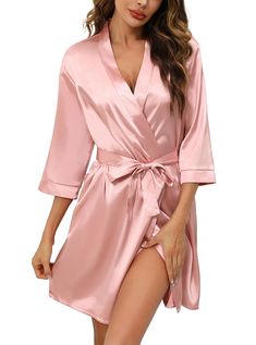 PRICES MAY VARY. SILK SATIN MATERIAL —— This robe offers a silky soft touch and a lustrous sheen that will make you feel pampered and elegant.truly comfort lightweight, refusing fade; standard process, avoiding shrink; exquisite sewing,not loose line. STYLISH AND COMFY DESIGN —— Crafted with a classic design, Our satin kimono robe features a comfortable and adjustable waist tie and a flattering V-neckline. The loose, flowing silhouette provides ultimate comfort and freedom of movement, allowing Fancy Robes, Wedding Party Robes, Silk Bathrobe, Clothing Brand Ideas, Future Bathroom, Bridesmaid Kimono, Robe Silk, Silk Dressing Gown, Gold Silver Jewelry